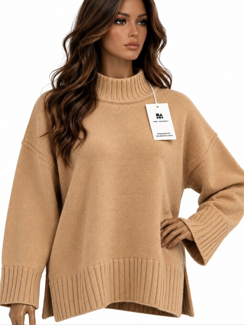Free Assembly XL NWT Camel Mock Neck Oversized Knit Sweater Fall & Winter Cozy